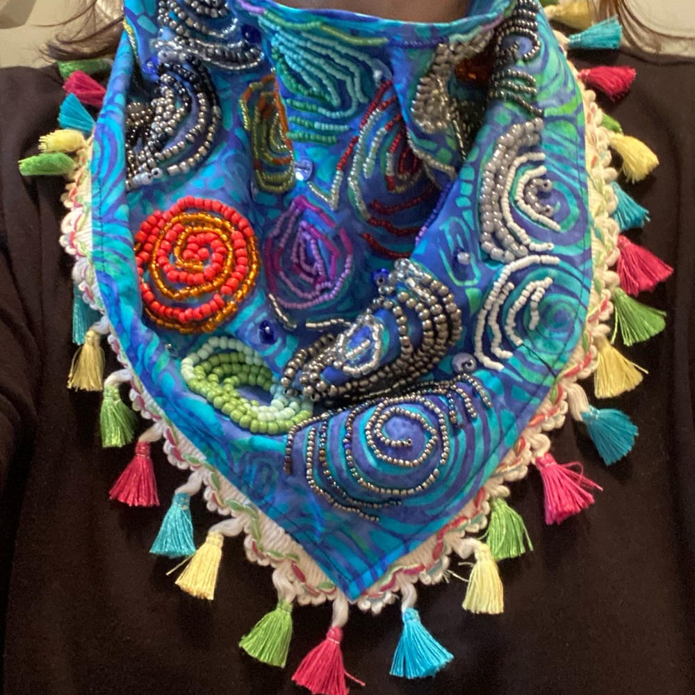 Handmade, bead embroidered neckscarf. Bohemian original colorful style!